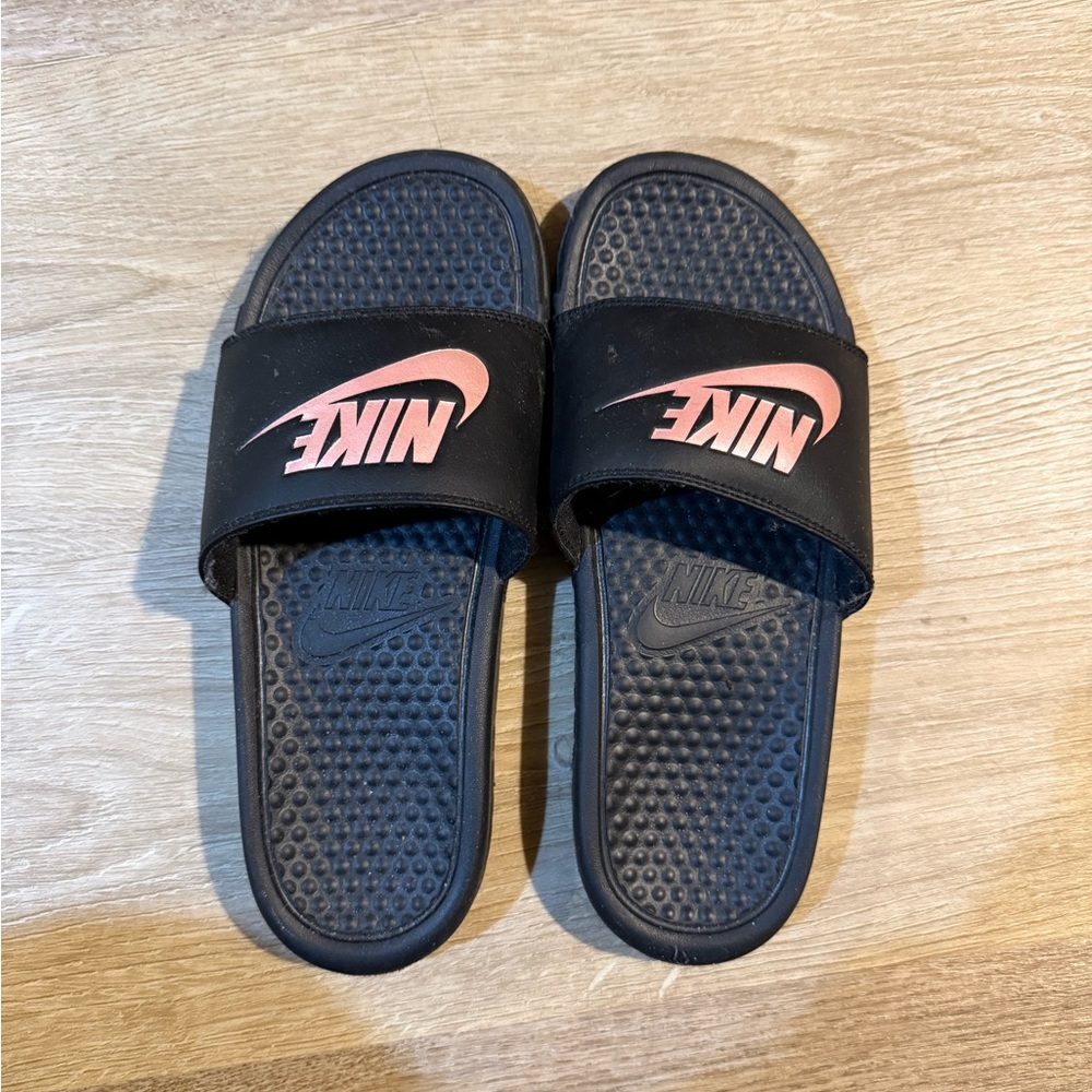 Nike Black Slides with Pink Logo